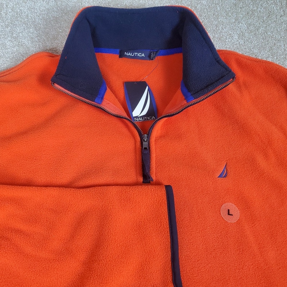 Nautica Men's Fleece Pullover 1/4‎ Zip Size L Large Orange Long Sleeve NWTG